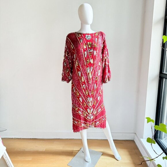 Vintage Red Silk Beaded Embroidered Long Sleeve Sheath Dress S/M - Picture 3 of 13